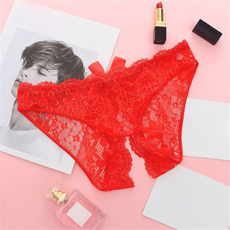 Peach Lace Panty with Bow Detail and Scalloped Edges-Panty-Bellascena-Red-Universal-bellascena