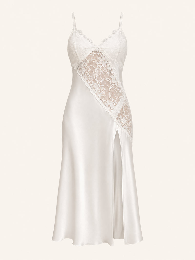 Pearl White Satin Nightgown with Lace Panel and Slit