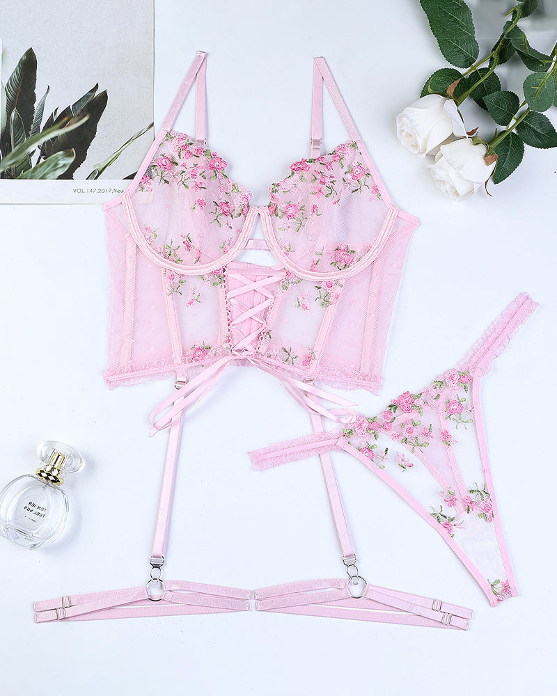 Pink Floral Embr. Mesh Lingerie Set with Lace-Up-Corset-Bellascena-bellascena
