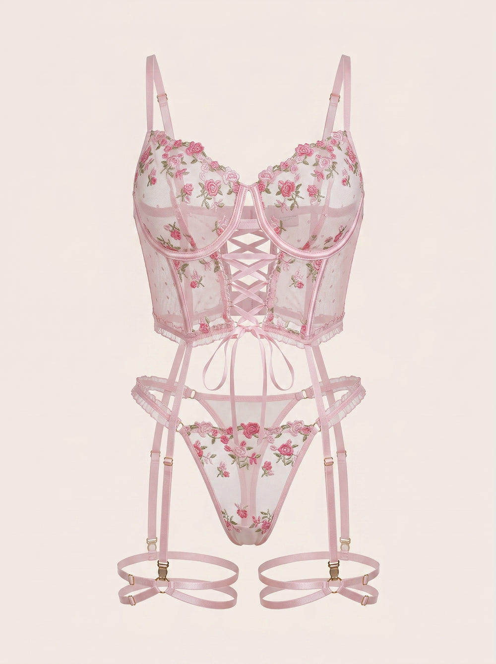 Pink Floral Embr. Mesh Lingerie Set with Lace-Up
