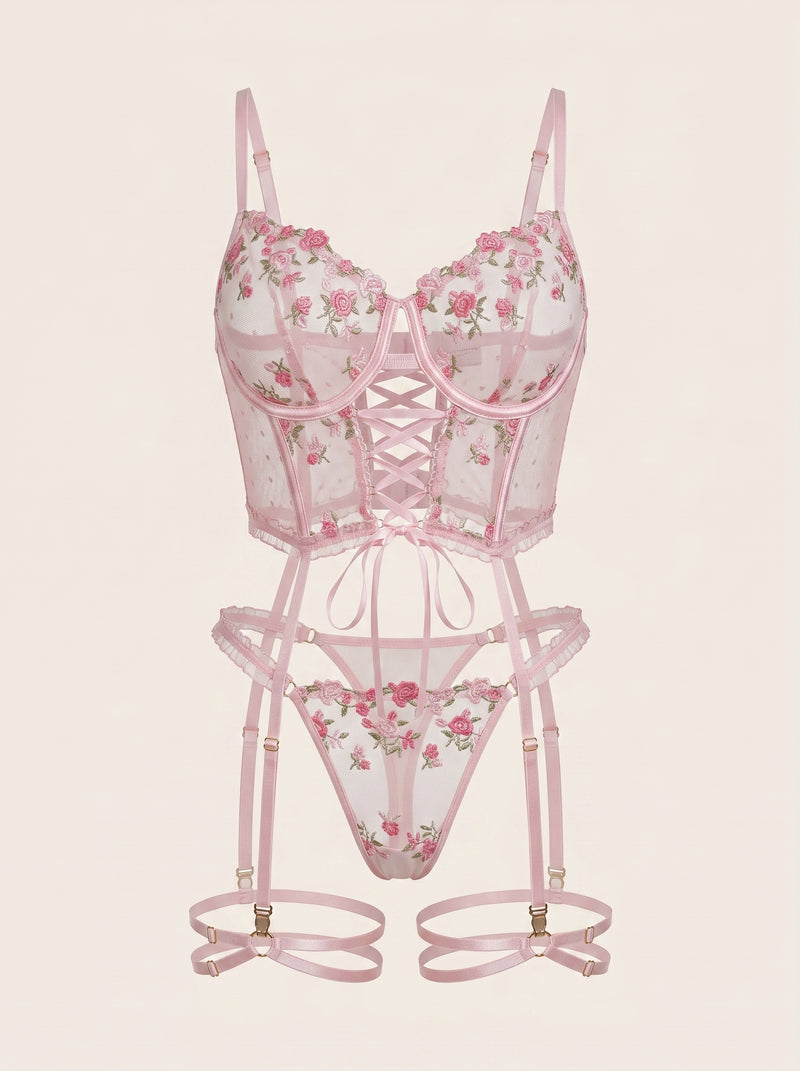 Pink Floral Embr. Mesh Lingerie Set with Lace-Up