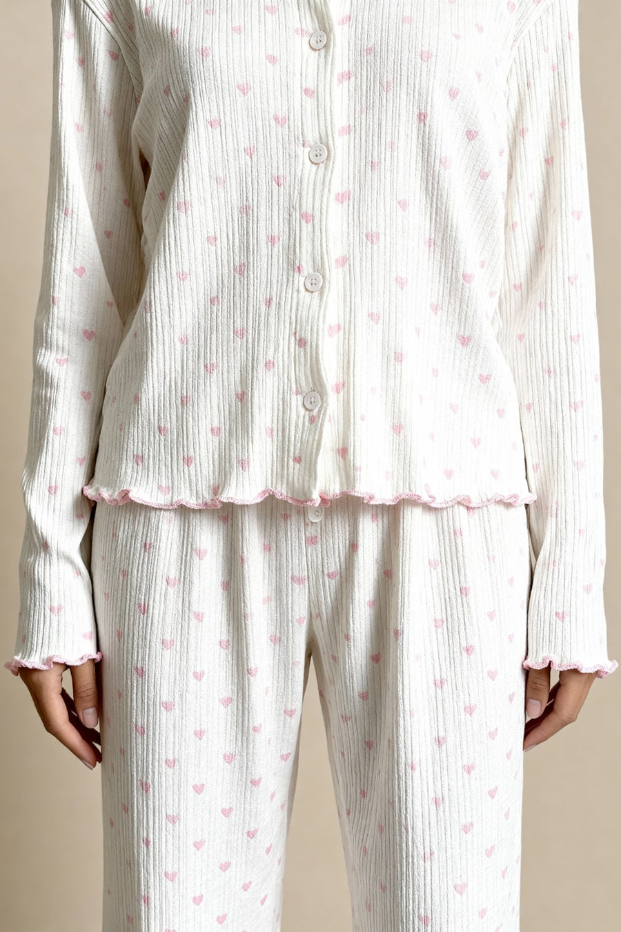 Pink Heart Cotton Pajama Set with Ruffled Edges-Pajama Set-Bellascena-bellascena