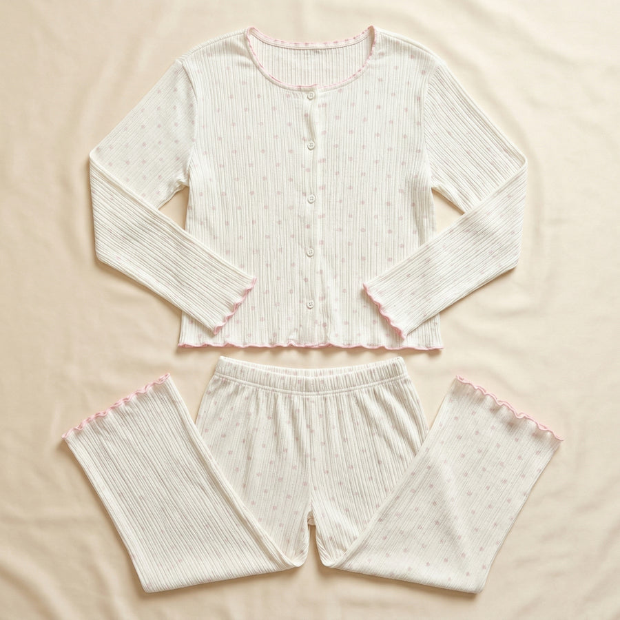 Pink Heart Cotton Pajama Set with Ruffled Edges-Pajama Set-Bellascena-bellascena