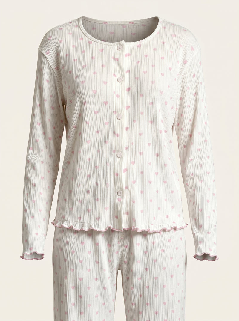 Ensemble de pyjama en coton à cœurs roses avec bordures à volants