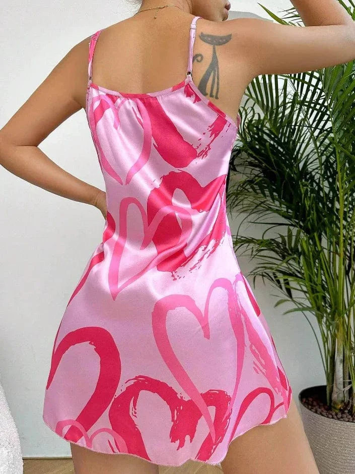 Pink Heart Print Satin Nightgown with Strappy Finish-Nightgown-Bellascena-bellascena