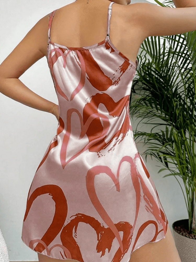 Pink Heart Print Satin Nightgown with Strappy Finish-Nightgown-Bellascena-bellascena