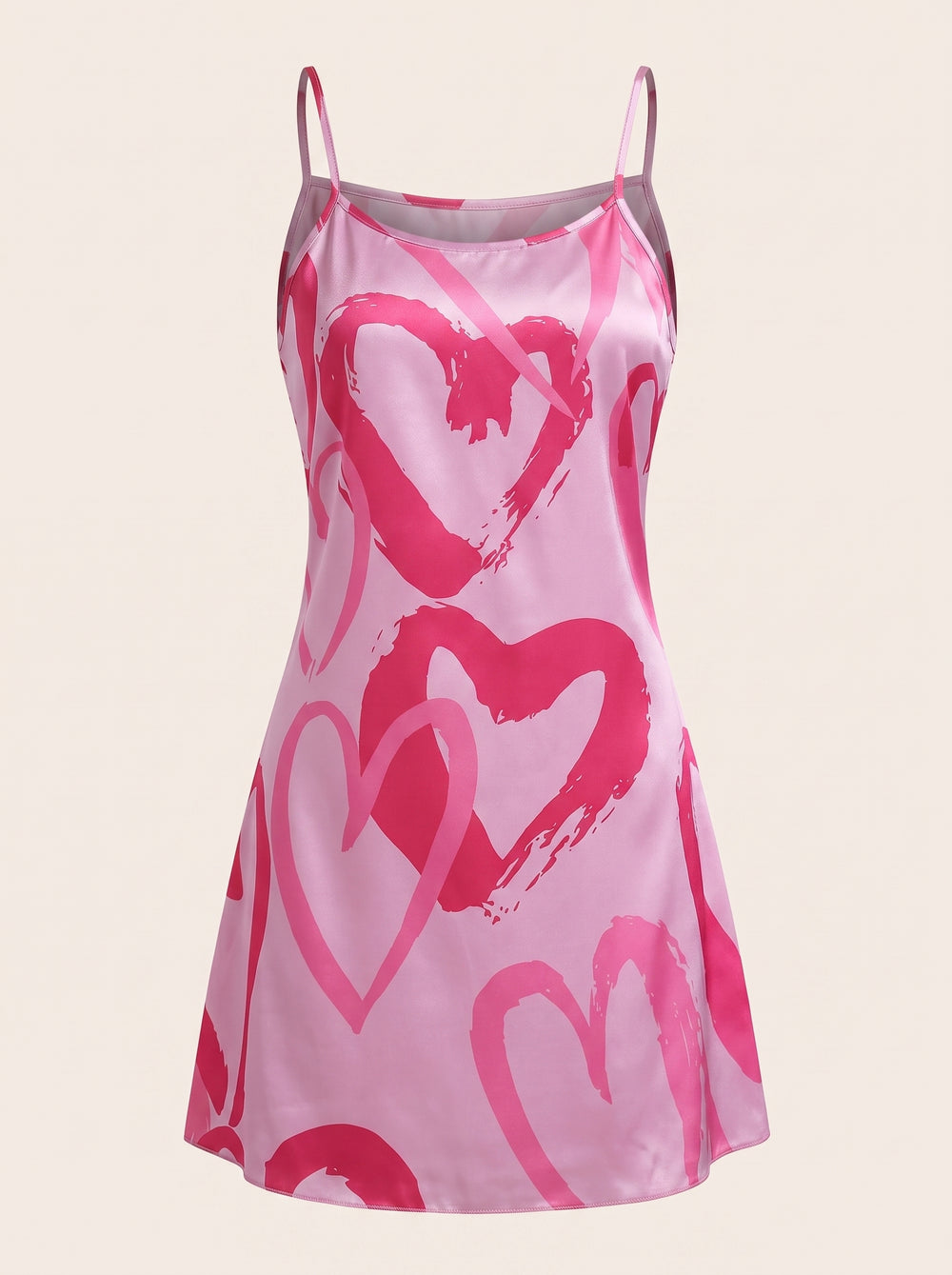 Pink Heart Print Satin Nightgown with Strappy Finish