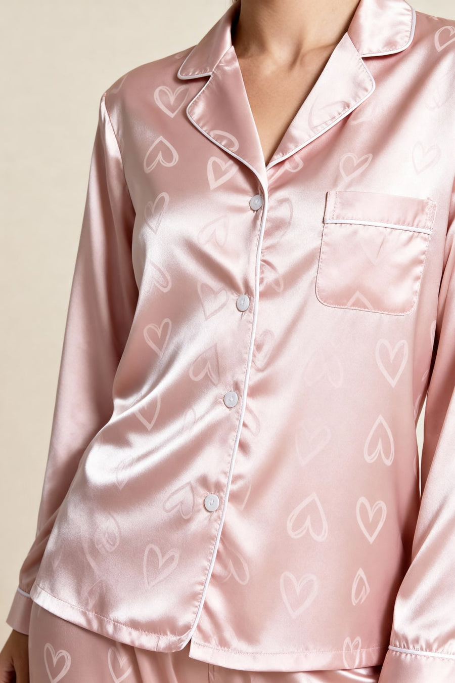 Pink Heart Print Satin Pajama Set with Button-Up-Pajama Set-Bellascena-bellascena