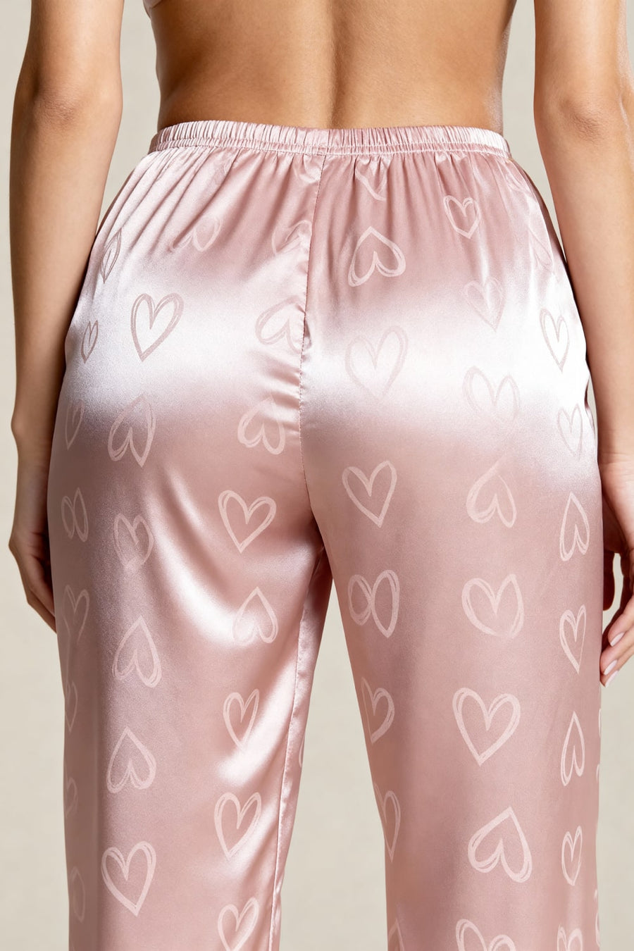 Pink Heart Print Satin Pajama Set with Button-Up-Pajama Set-Bellascena-bellascena