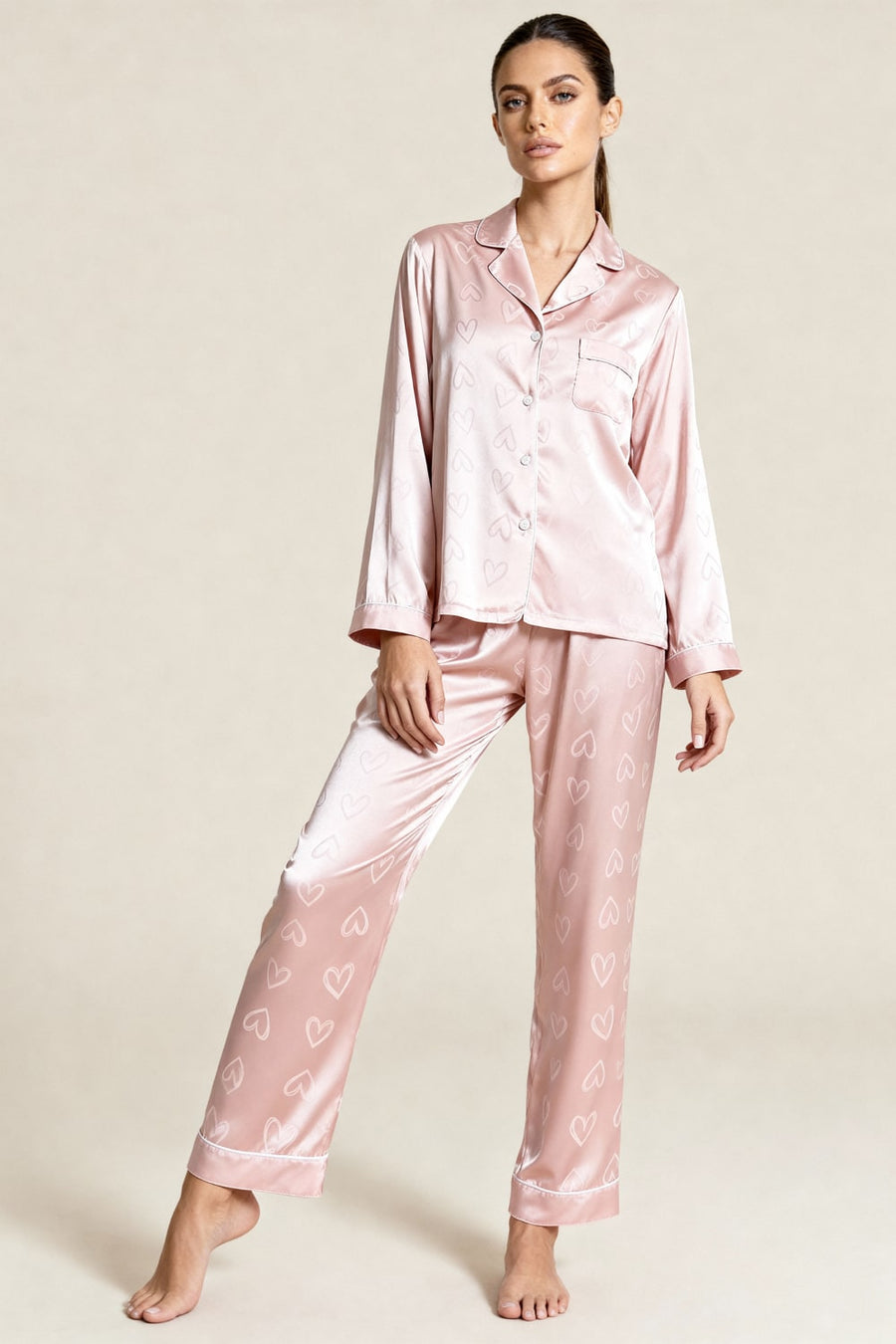Pink Heart Print Satin Pajama Set with Button-Up-Pajama Set-Bellascena-bellascena