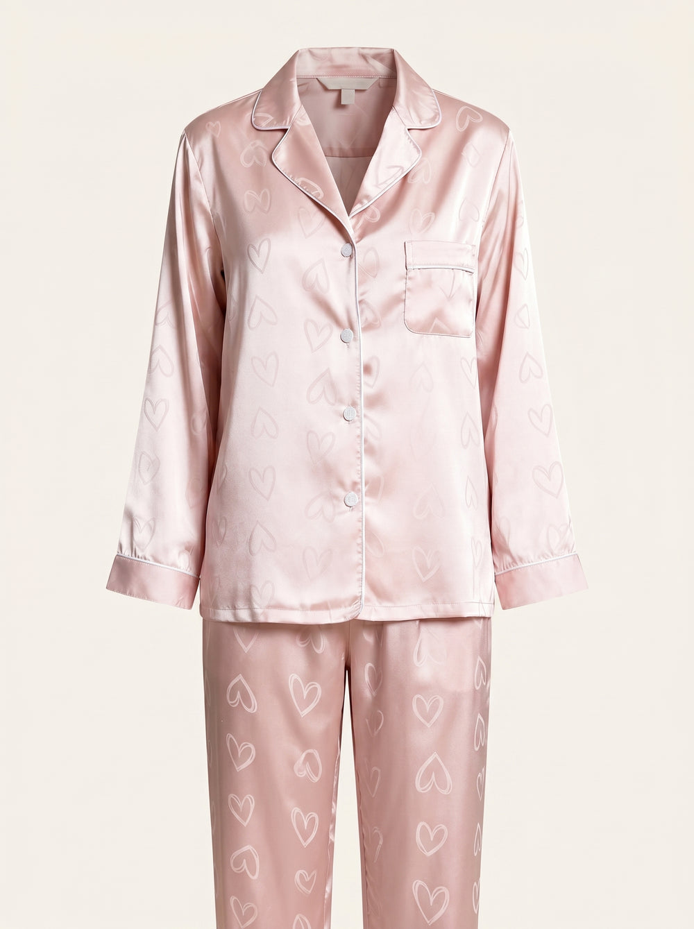 Completo pigiama in raso con stampa a cuori rosa e chiusura con bottoni