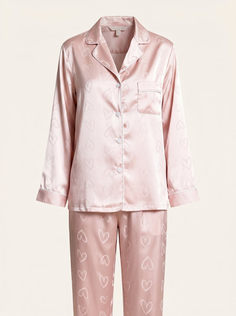 Pink Heart Print Satin Pajama Set with Button-Up