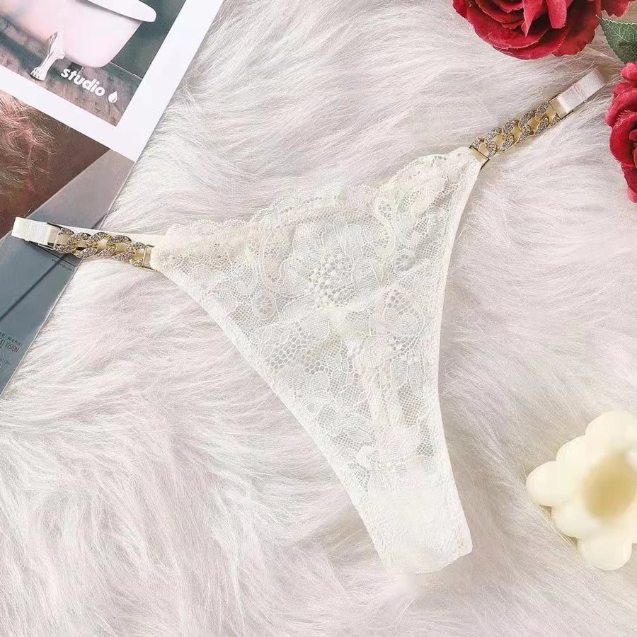 Pink Lace Bodysuit with Sheer Chain Detailing-Panty-Bellascena-White-S/M-bellascena