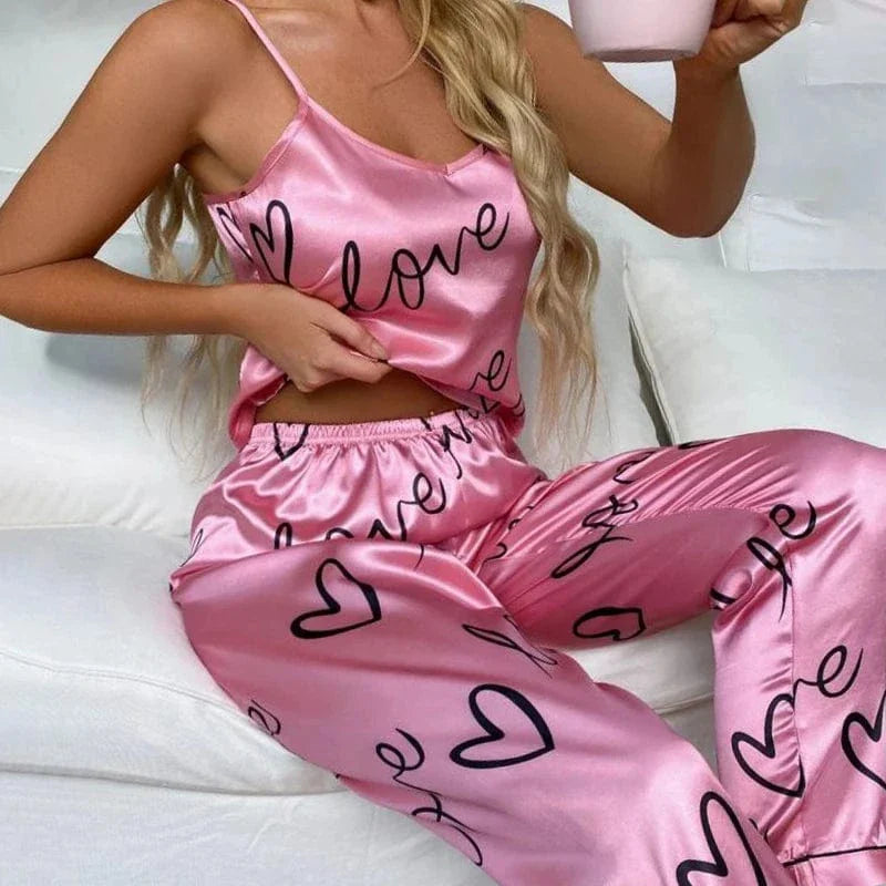 Pink Love & Heart Satin Pajama Set with Short Sleeves-Pajama Set-Bellascena-bellascena
