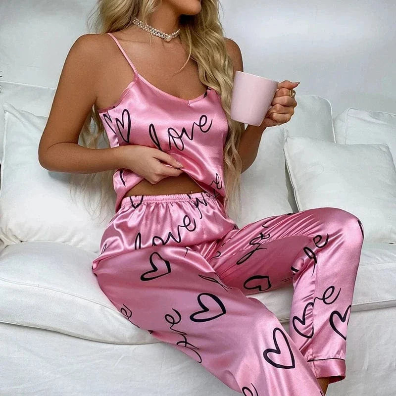 Pink Love & Heart Satin Pajama Set with Short Sleeves-Pajama Set-Bellascena-bellascena