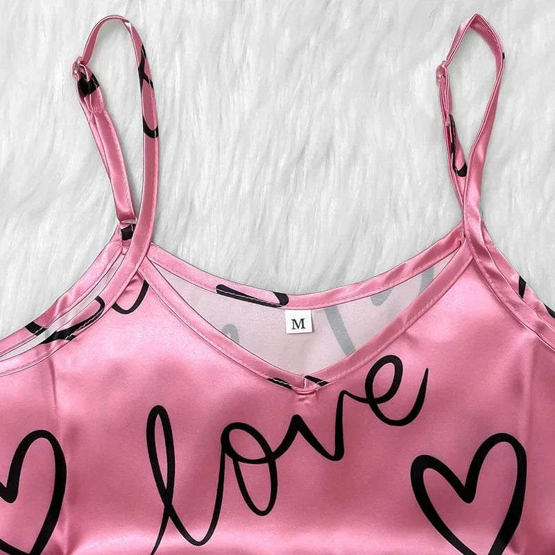Pink Love & Heart Satin Pajama Set with Short Sleeves-Pajama Set-Bellascena-bellascena