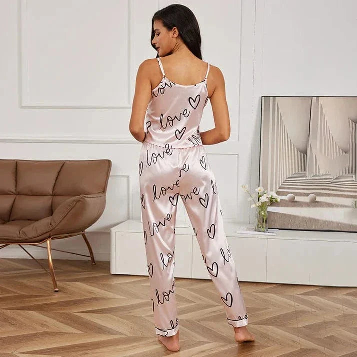 Pink Love & Heart Satin Pajama Set with Short Sleeves-Pajama Set-Bellascena-bellascena