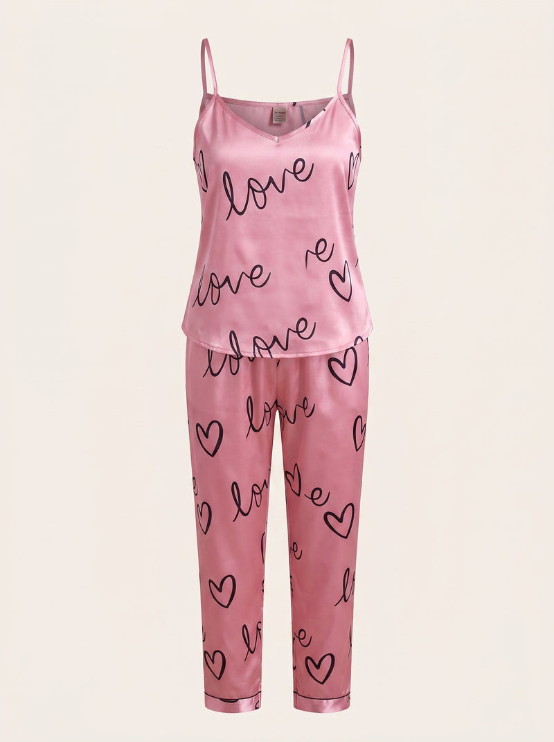 Pink Love & Heart Satin Pajama Set with Short Sleeves
