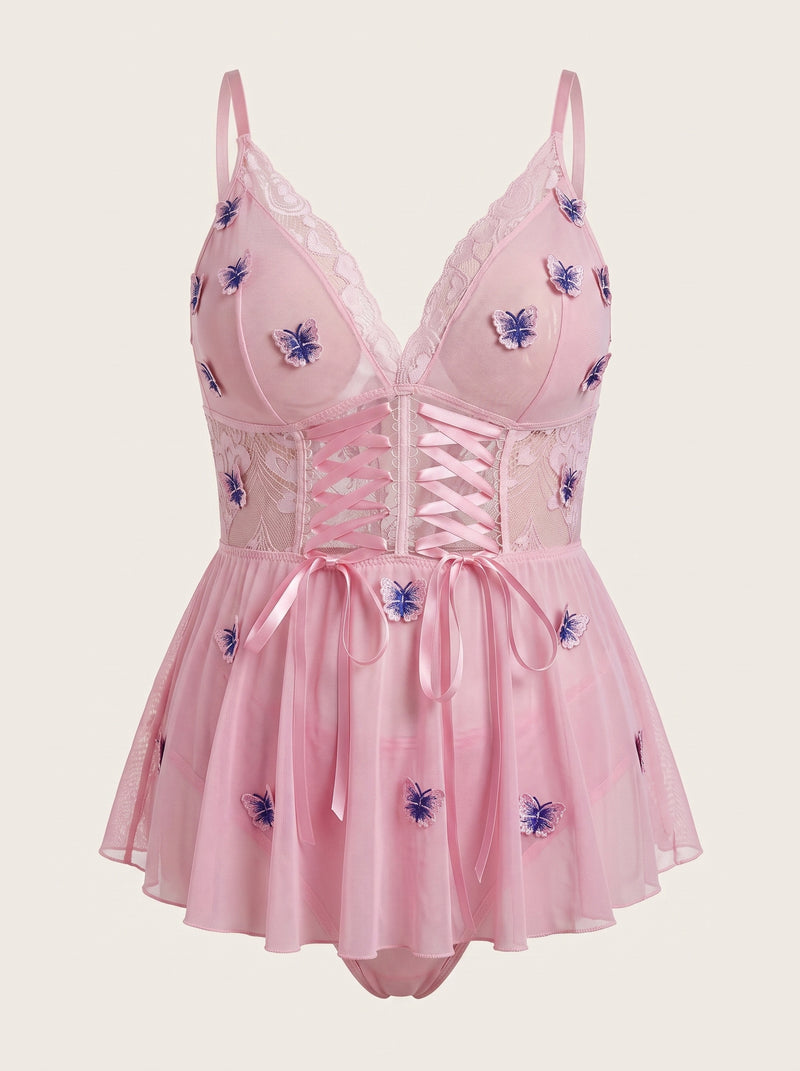 Camicia da notte rosa in rete con ricami di farfalle