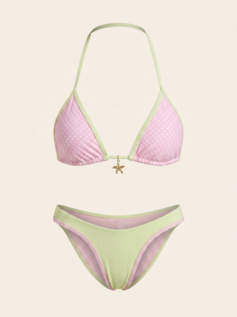 Set bikini rosa a pois in poliestere con ciondolo a forma di stella marina