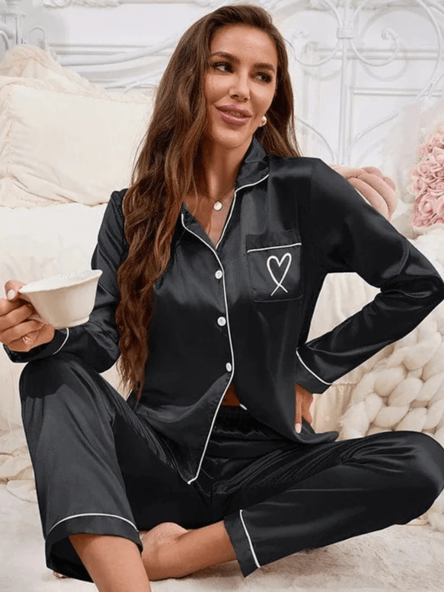 Pink Satin Pajama Set with Black Piping & Heart Detail-Pajama Set-Bellascena-bellascena