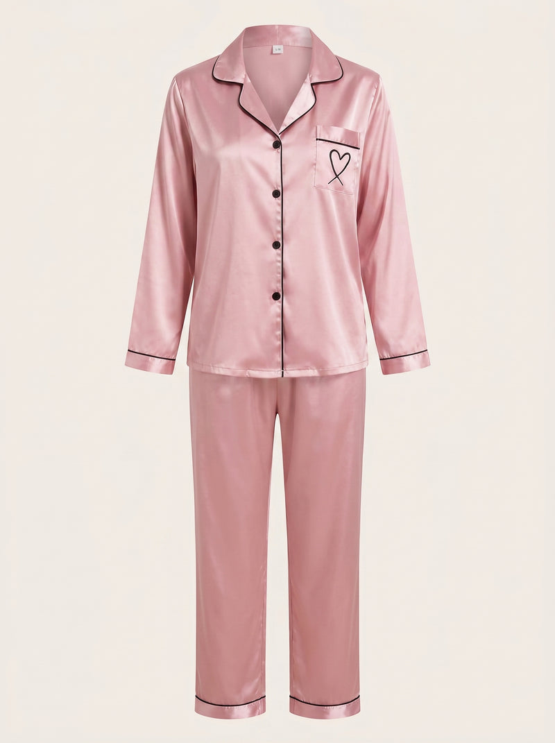 Pink Satin Pajama Set with Black Piping & Heart Detail