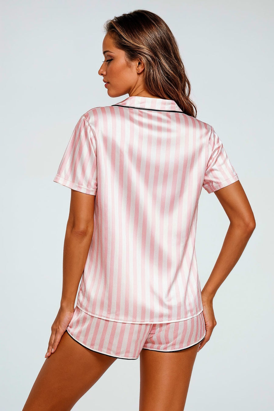 Pink and White Satin Pajama Set with Piping Detail-Pajama Set-Bellascena-bellascena