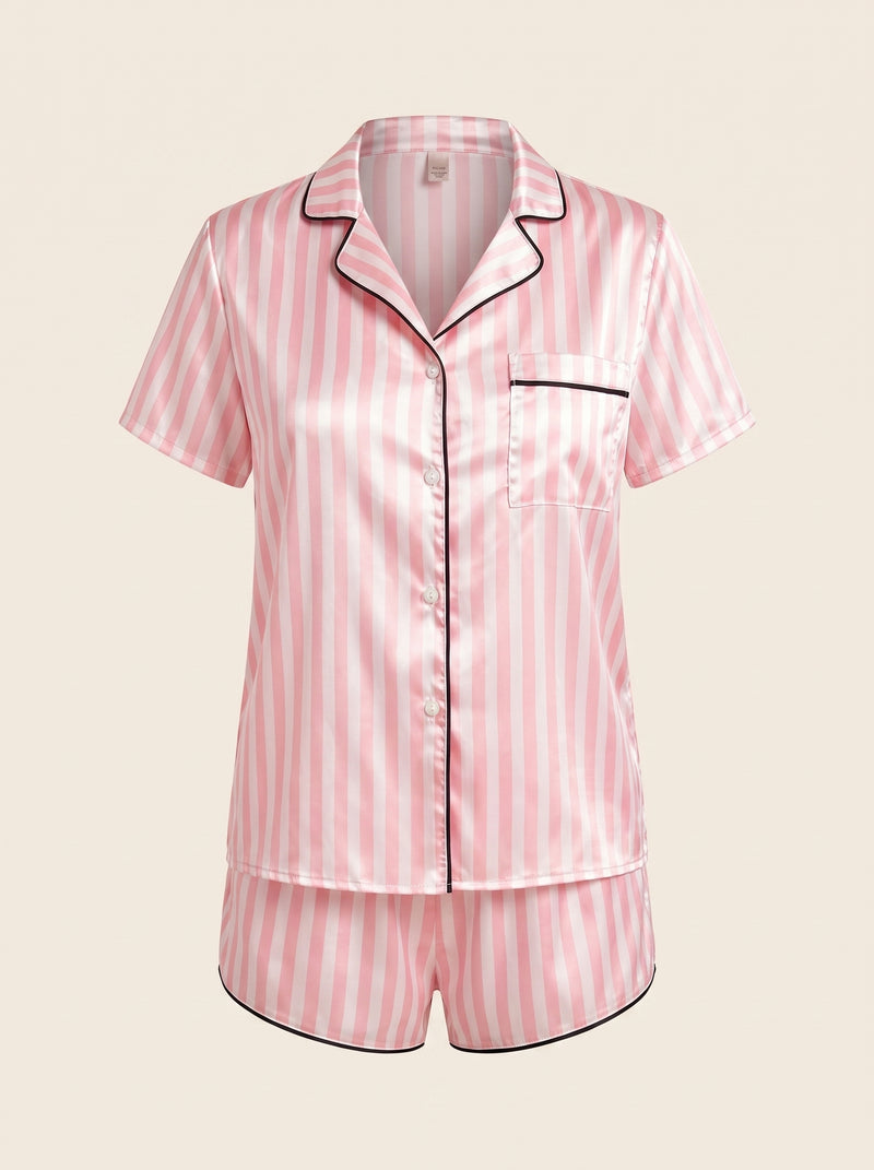 Pink and White Satin Pajama Set with Piping Detail