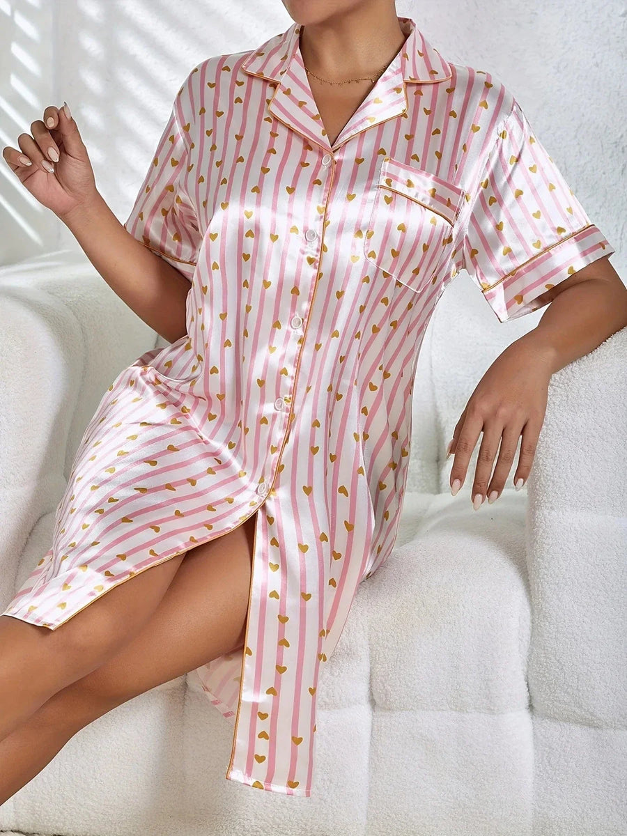 Pink and White Striped Satin Nightgown with Gold Heart Accents-Nightgown-Bellascena-bellascena