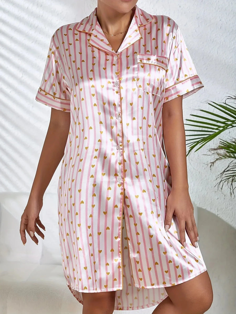 Pink and White Striped Satin Nightgown with Gold Heart Accents-Nightgown-Bellascena-Pink-S-bellascena
