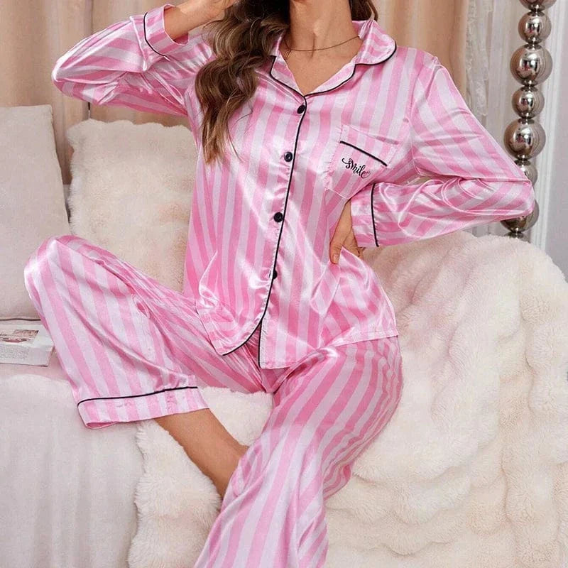Pink and White Striped Satin Pajama Set with Black Piping-Pajama Set-Bellascena-bellascena