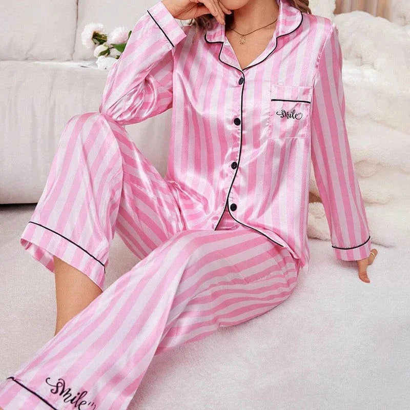 Pink and White Striped Satin Pajama Set with Black Piping-Pajama Set-Bellascena-Pink-S-bellascena