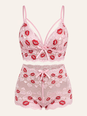 Pink with Red Lips and Hearts Lace Sheer Sleepwear Set-Pajama Set-Bellascena-bellascena