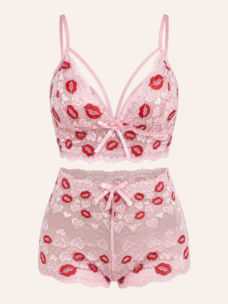 Pink with Red Lips and Hearts Lace Sheer Sleepwear Set