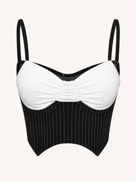 Pinstripe Black and White Polyester Corset Top with Strappy Detail-Corset-Bellascena-Black-S-bellascena