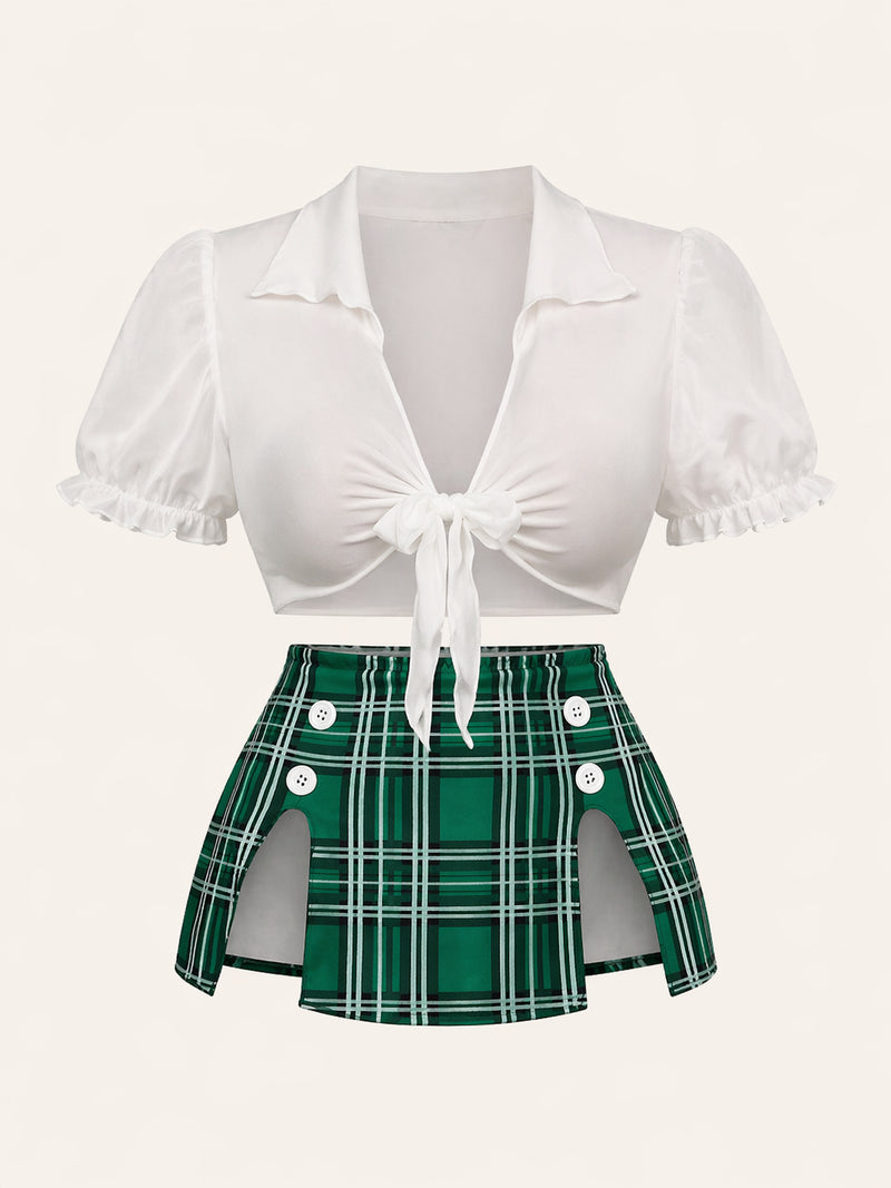 Set di lingerie in cotone verde a quadri con chiusura frontale a laccetti e spalline