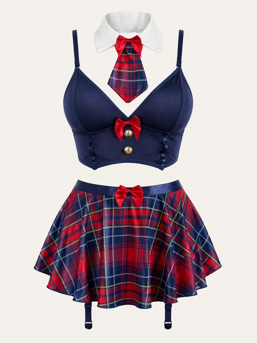 Plaid Red and Navy Satin Lingerie Set with Strappy Details