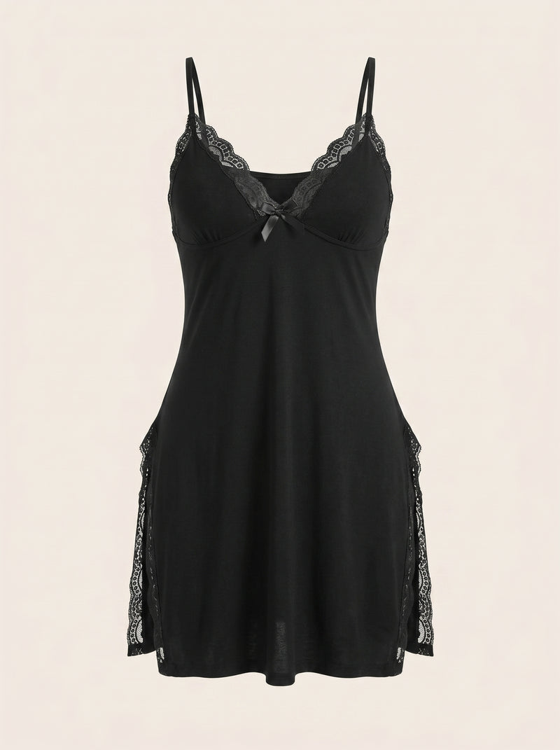 Camicia da notte in cotone nero per taglie forti con bordi in pizzo