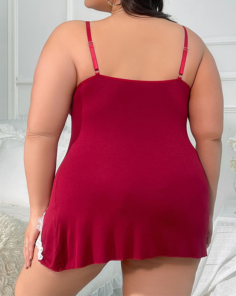 Plus Size Black Cotton Nightgown with Lace Trim and Side Slits-Nightgown-Bellascena-bellascena