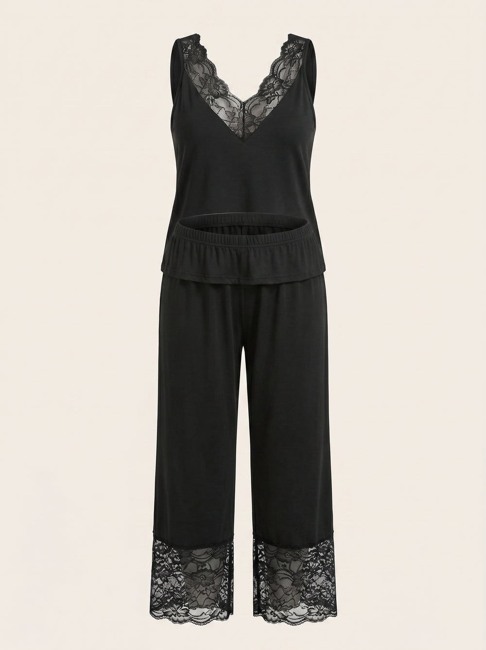 Completo pigiama taglie forti nero in cotone, con canotta e pantaloni, bordi in pizzo