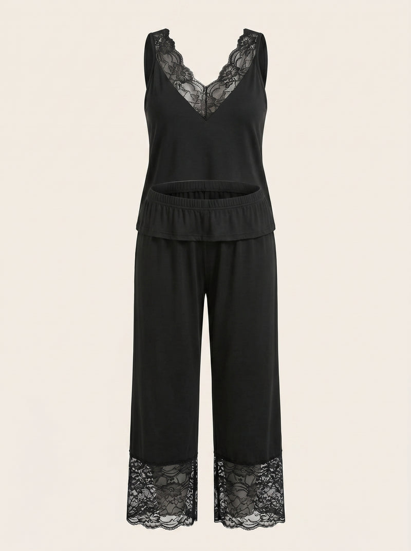 Ensemble deux pièces pantalon en coton noir grande taille avec bordure en dentelle