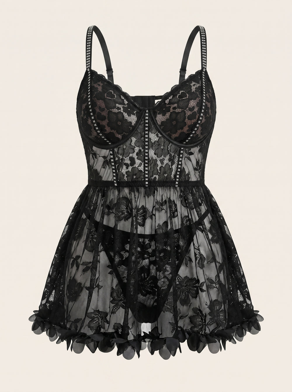 Babydoll grande taille noir en dentelle florale avec dos ouvert