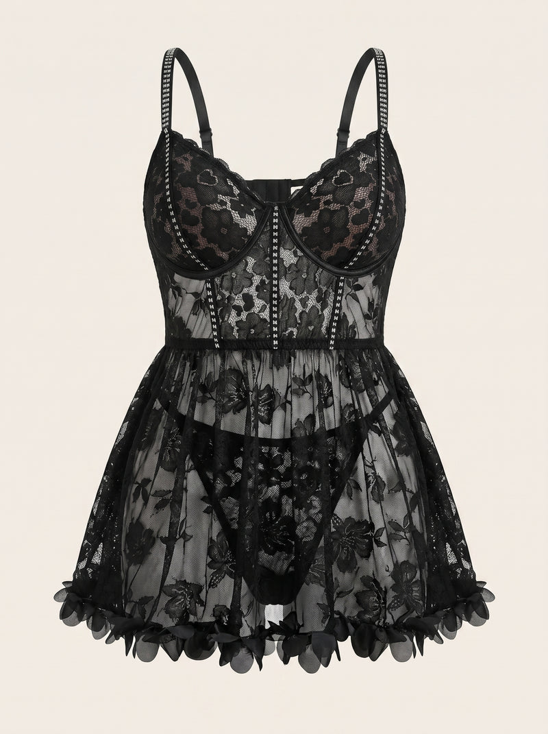 Plus Size Black Floral Lace Cami Dress with Open Back Detail