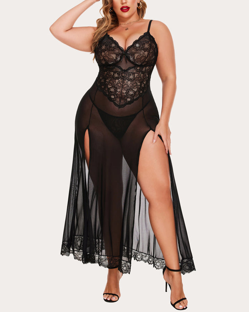 Plus Size Black Floral Lace Dress with Side-Slit Elegance-Nightgown-Bellascena-bellascena