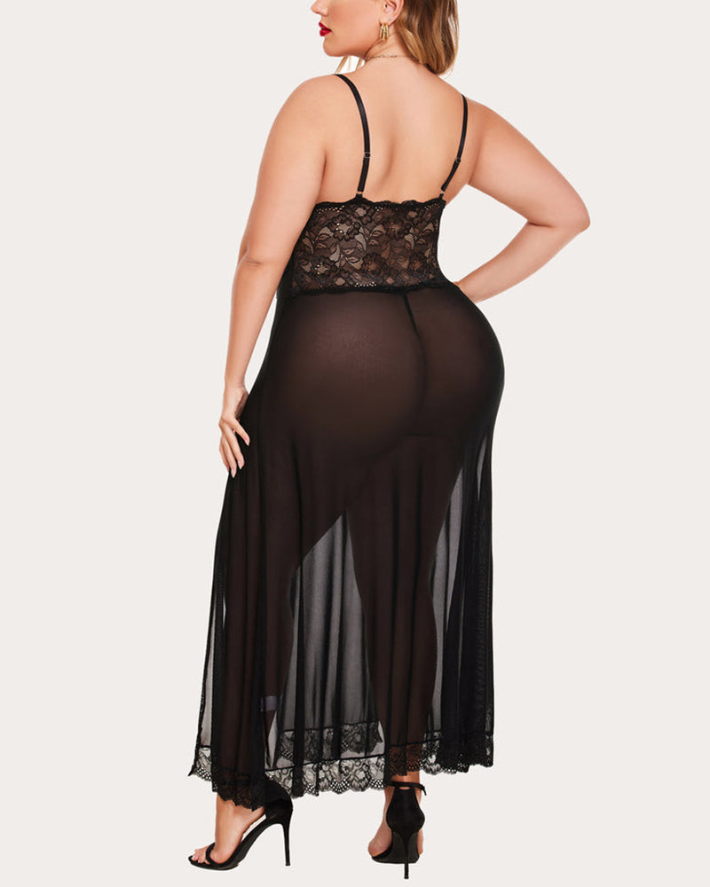 Plus Size Black Floral Lace Dress with Side-Slit Elegance-Nightgown-Bellascena-bellascena