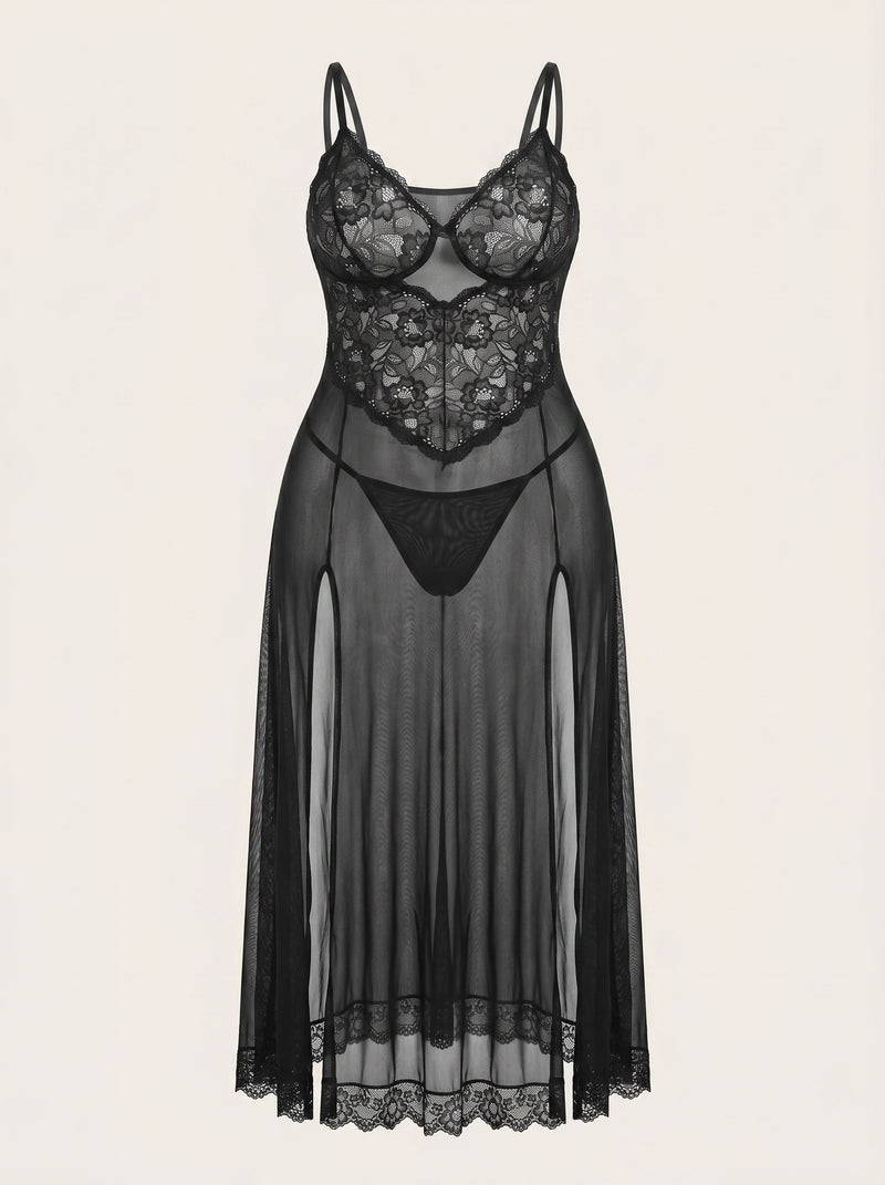 Abito in pizzo floreale nero per taglie forti con elegante spacco laterale