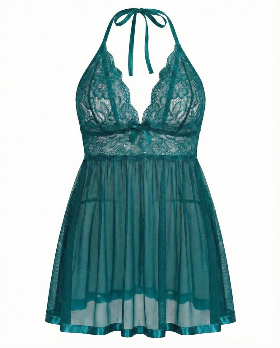 Plus Size Black Lace Babydoll with Scalloped Edges-Lingerie Set-Bellascena-bellascena