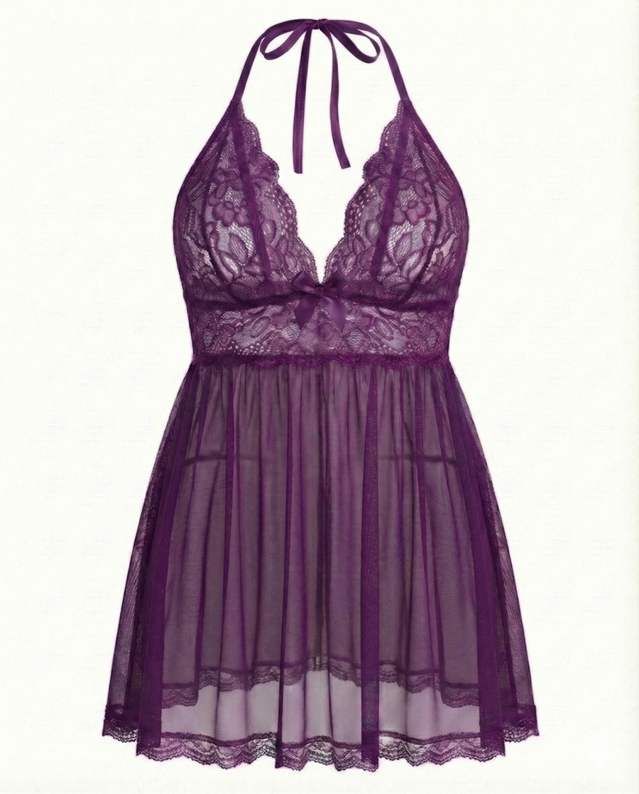 Plus Size Black Lace Babydoll with Scalloped Edges-Lingerie Set-Bellascena-bellascena