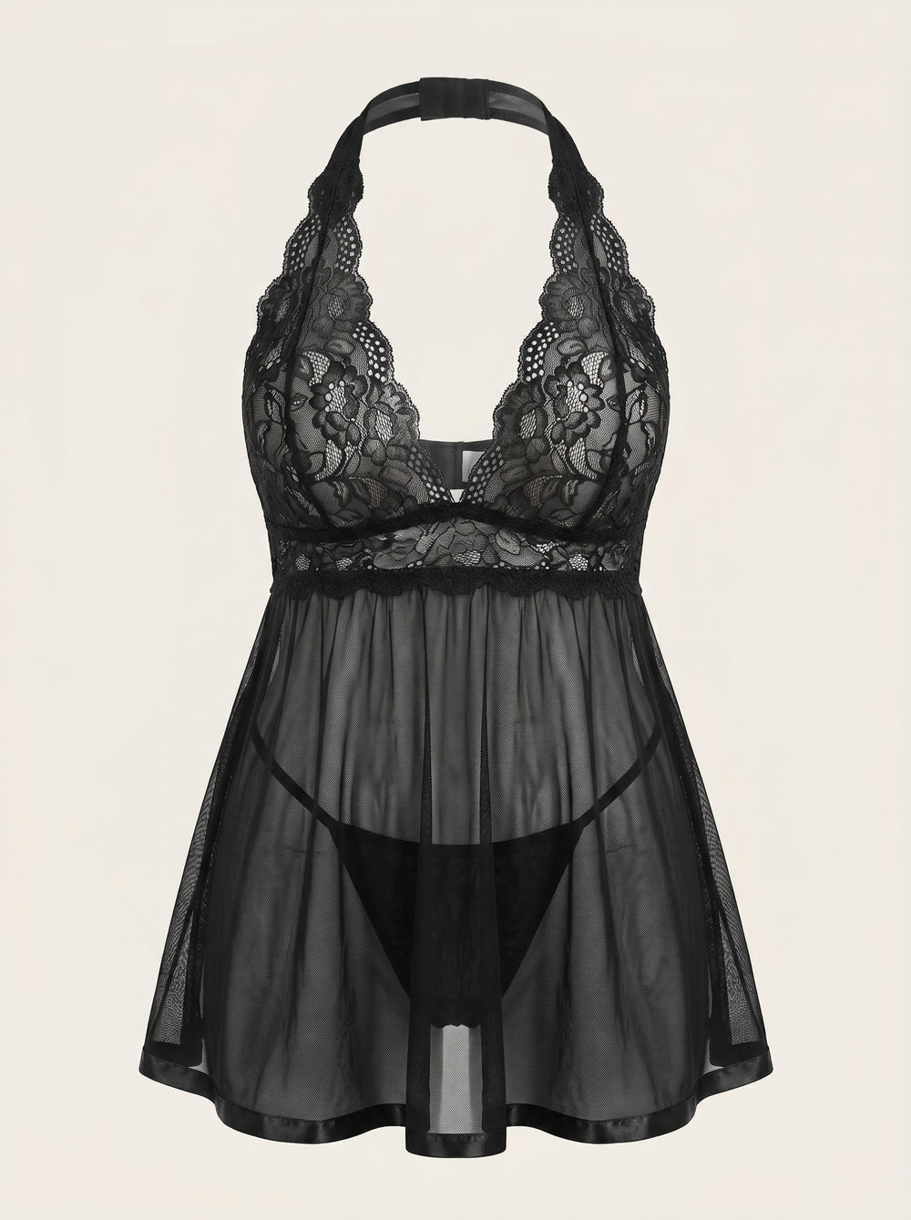 Babydoll in pizzo nero per taglie forti con bordi smerlati