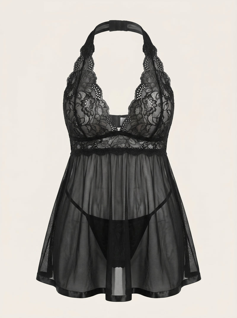 Babydoll in pizzo nero per taglie forti con bordi smerlati